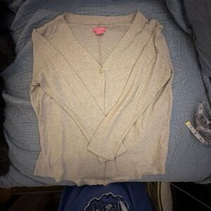 Isaac Mizrahi Beige Button-Down Ribbed Knit Top